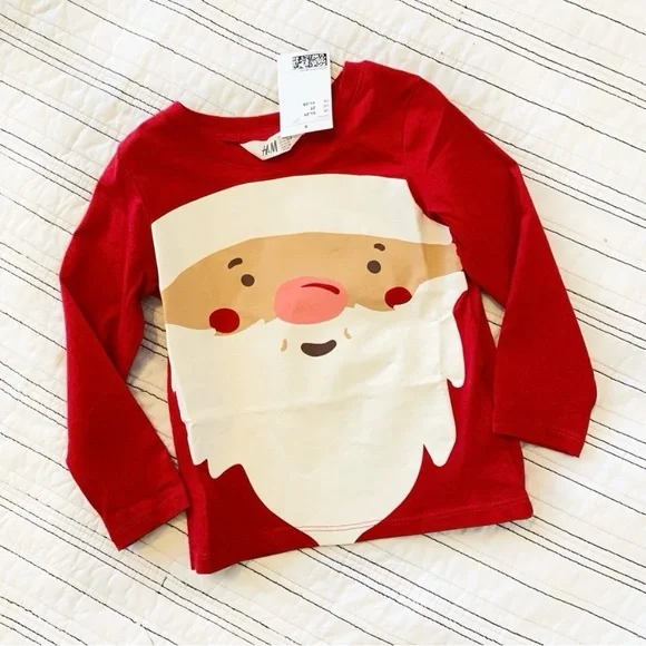 NWT H&M Santa's Face Long Sleeve Tee In Christmas Red size 2T - Picture 2 of 4